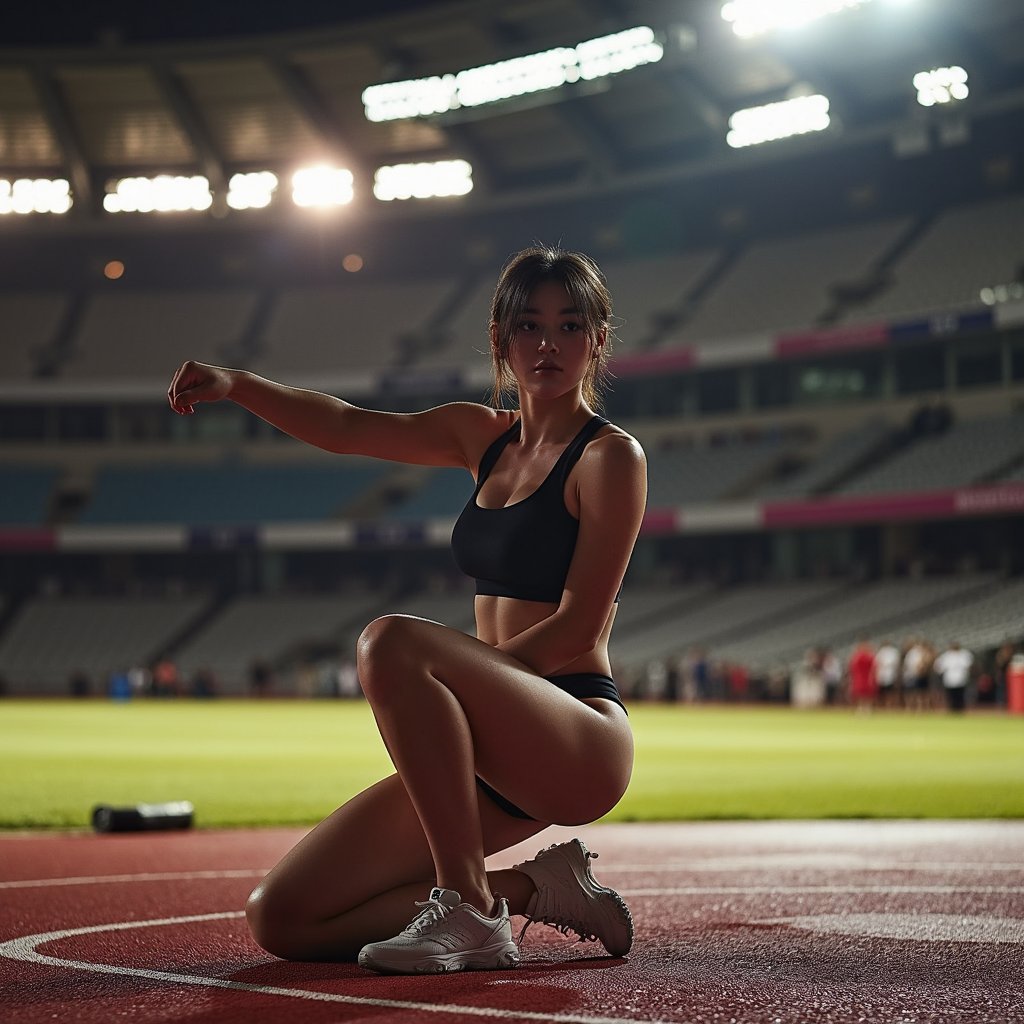 Knee-up image of a discus thrower in mid-warmup, arm stretch in foreground, blurred field backdrop, intense focus on movement prep