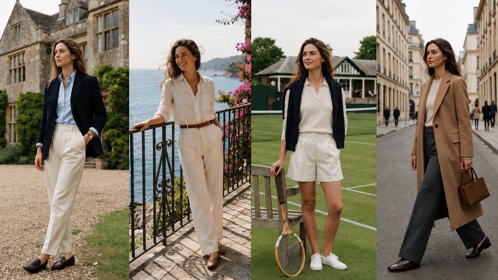 Four old money looks across estate, Riviera, tennis club, and city settings