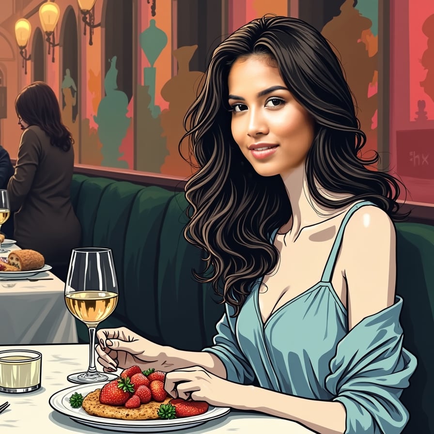 girl in casual, yet elegant attire, enjoying a delicious dinner at a dimly lit, upscale restaurant, soft, golden lighting, fine china and glassware on the table, subtle background noise of clinking glasses and murmurs of conversation.