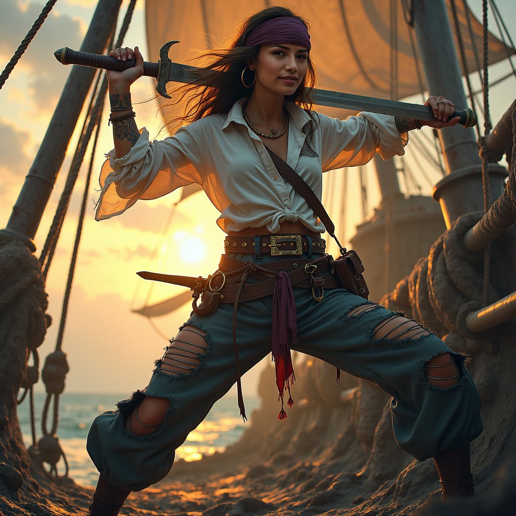 woman wielding a sword in a powerful, dynamic pose, dressed in rugged pirate attire with a flowing white shirt, billowy pants, and a wide leather belt, standing on the deck of a weathered pirate ship with tattered sails and a worn wooden hull, under the warm glow of a sunset with a hint of mist in the background.