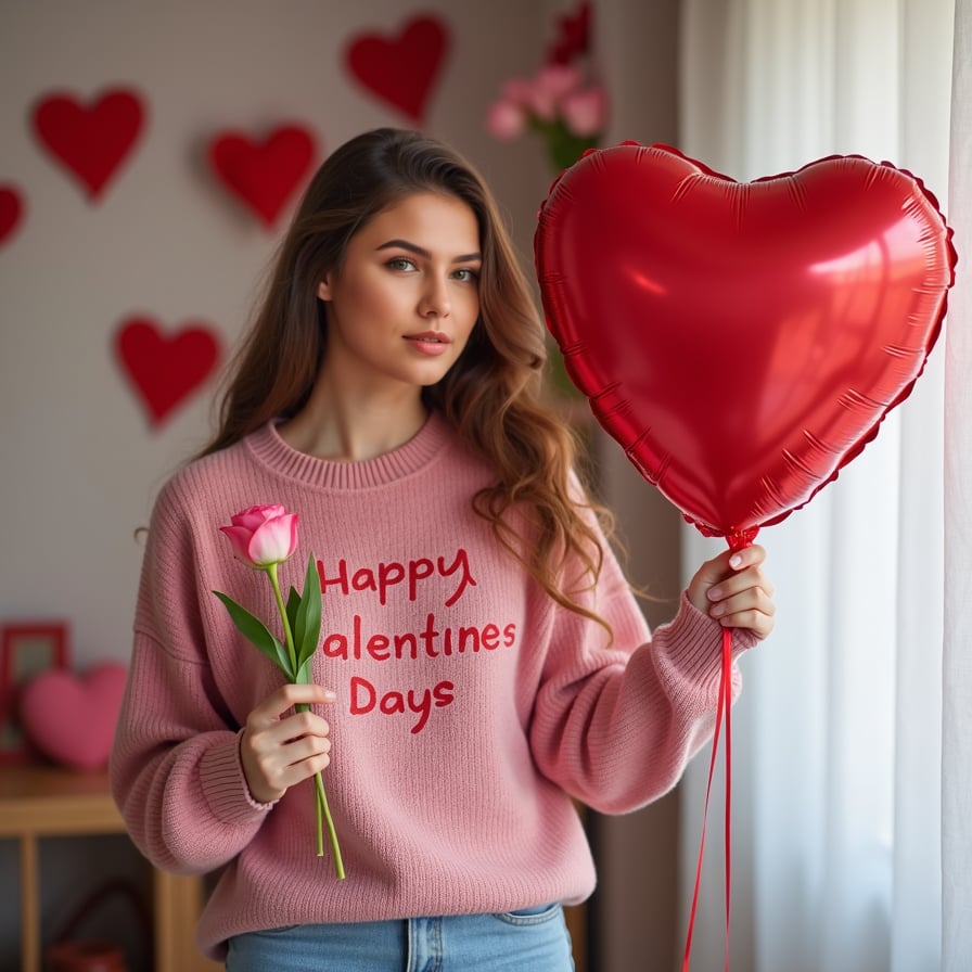 A model wearing a cute, pink Valentine's Day sweater, holding a heart-shaped balloon in a room filled with romantic decorations.