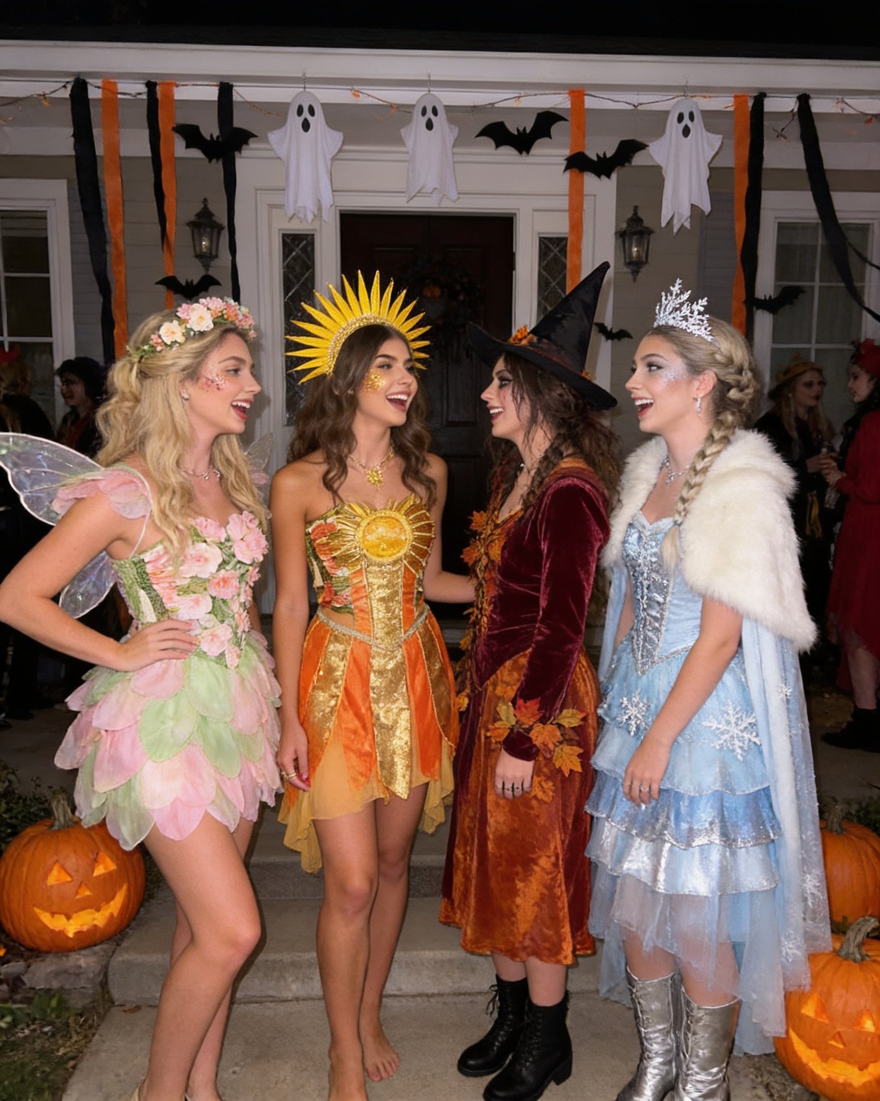 Create an authentic, photorealistic Halloween party snapshot featuring the four adult women from the uploaded reference photograph, each dressed as a different season-inspired Halloween character.
IDENTITY: Preserve each woman’s exact recognizable facial identity and natural features, following their original left-to-right identity mapping. The reference determines identity ONLY. Completely redesign their hairstyles, makeup, expressions, poses, outfits and surroundings.
THE FOUR HALLOWEEN COSTUMES
1. SPRING — Flower Fairy: The blonde woman wears a pastel pink-and-green handmade fairy costume with layered fabric petals, small translucent fairy wings, a flower crown and subtle floral face makeup. Loose half-up curls.
2. SUMMER — Sun Goddess: The second brunette wears a vivid golden-yellow costume with a structured sun-ray headpiece, orange-gold fabric panels, a short flowing skirt and playful golden face glitter. Soft wavy hair.
3. AUTUMN — Woodland Witch: The third brunette wears a deep burgundy and burnt-orange witch costume with a short velvet dress, a small pointed witch hat, autumn-leaf details, dark ankle boots and subtle Halloween-inspired makeup. Messy braided hairstyle.
4. WINTER — Ice Queen: The fourth woman wears an icy-blue and silver costume with a short layered skirt, handmade snowflake crown, white faux-fur capelet, silver boots and delicate frosty makeup. Elegant braided updo.
All four costumes must be immediately recognizable as Halloween fancy-dress outfits, not ordinary party dresses. Each must have its own distinct silhouette, texture and handmade accessories.
SCENE
A real, slightly crowded Halloween house party at night. The friends are standing near a decorated doorway with hanging paper ghosts, black bats, orange-and-black streamers, carved pumpkins and a few other guests wearing recognizable Halloween costumes in the background.
Capture an unplanned moment when one friend bursts into laughter, another turns toward her, and the others react naturally. They are close together but not standing in a perfectly straight line.
Full-body framing, with all costumes and accessories clearly visible.
REAL PHOTOGRAPHY
Make the image look like a genuine iPhone photograph taken by another party guest using direct flash.
Natural skin pores, realistic facial texture, slightly imperfect hair, believable fabric folds, subtle grain, ordinary household lighting, realistic shadows and casual framing.
Costumes should look physically constructed from real fabric, cardboard, sequins and inexpensive Halloween accessories.
No flawless fashion-model poses, no studio lighting, no airbrushed faces, no glossy CGI textures, no artificial glowing effects, no floating leaves or snow, no fantasy landscape, no excessive color grading, no yellow cast, no editorial campaign styling.
Keep all four women recognizable, naturally attractive and realistically photographed.
One single vertical 4:5 photograph. No collage.