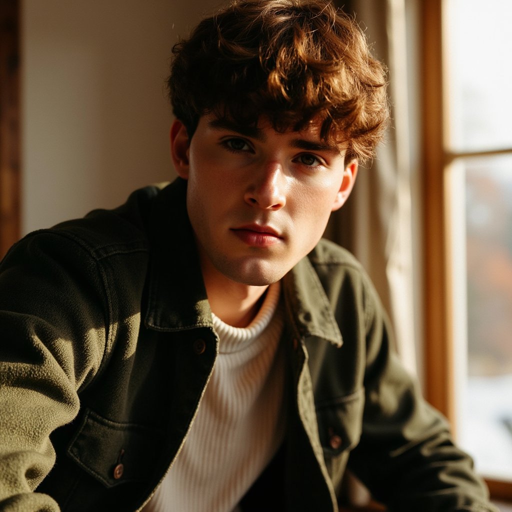 Hyperrealistic, highly detailed, HDR image of a man (male, ~28 yrs) sitting near a large farmhouse window with diffused golden daylight spilling in. Waist-up composition, camera straight-on at eye level. He wears a moss-green flannel shirt layered over a light oatmeal-colored crewneck. His hair is chestnut brown, medium length, slightly messy in a natural way. The light creates gentle contrast between the illuminated right side of his face and soft shadow on the left. His gaze is calm, reflective. Background out of focus: textured linen curtains, faint autumn foliage outside. Detailed skin pores, fine beard texture, flannel weave visible with tiny fibers highlighted by sunlight. Natural cinematic color tones. HDR, high resolution, high quality, highly detailed, photorealistic.