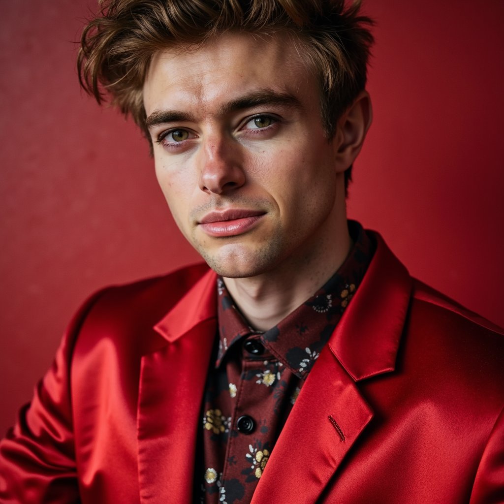 Frontal close-up portrait of a male model with clean skin, sharp jawline, and minimalistic makeup. Wearing a red satin jacket with sculptural collar. Background: solid bold red. Slight smirk, body straight. Spotlight lighting highlights satin reflections and skin contours. Subtle stubble, hair texture visible.