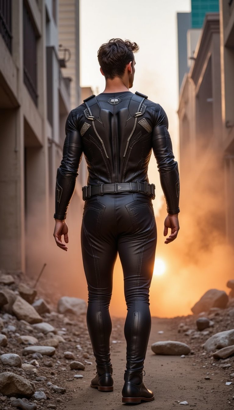 A male superhero stands among the rubble of a city street, dust swirling in the air, parts of his suit scratched and battle-worn. Flames flicker in the distance as the golden-hour light hits from the side, casting long shadows and capturing the quiet intensity after victory.
