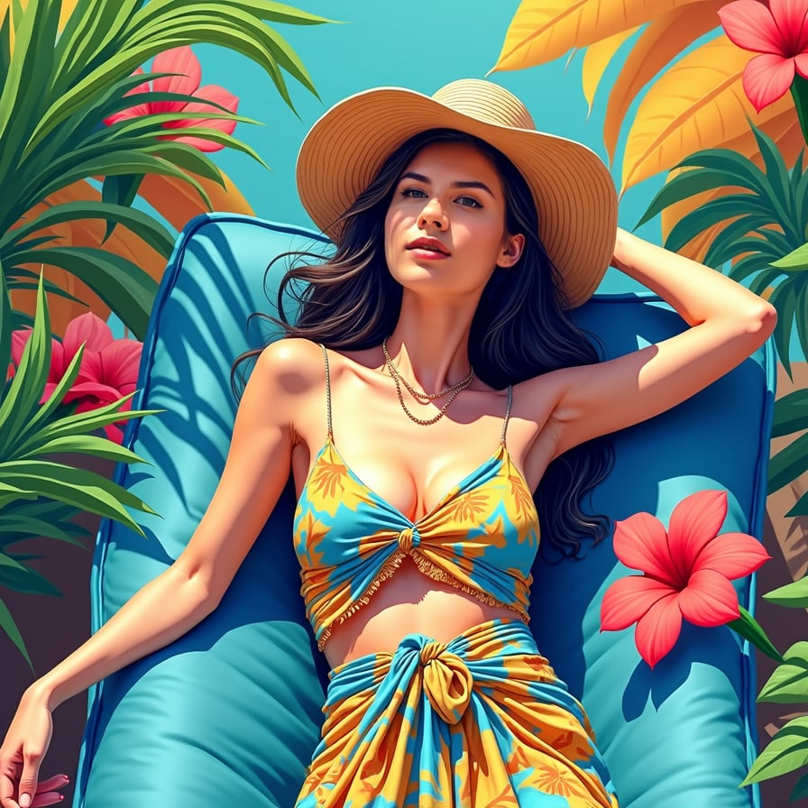 A full coloured vibrant sketch of a woman lounging in a tropical paradise, surrounded by large, brightly colored palm leaves and exotic flowers. She wears a flowing, tropical-patterned sarong, her sun hat casting a soft shadow over her relaxed face. The sketch features vivid blues, greens, and yellows, with the bright sunlight creating high-contrast shading. The sketch style is loose and playful, with thick outlines and splashes of watercolor-like color filling the scene. The overall mood is serene yet lively, capturing the essence of a tropical getaway