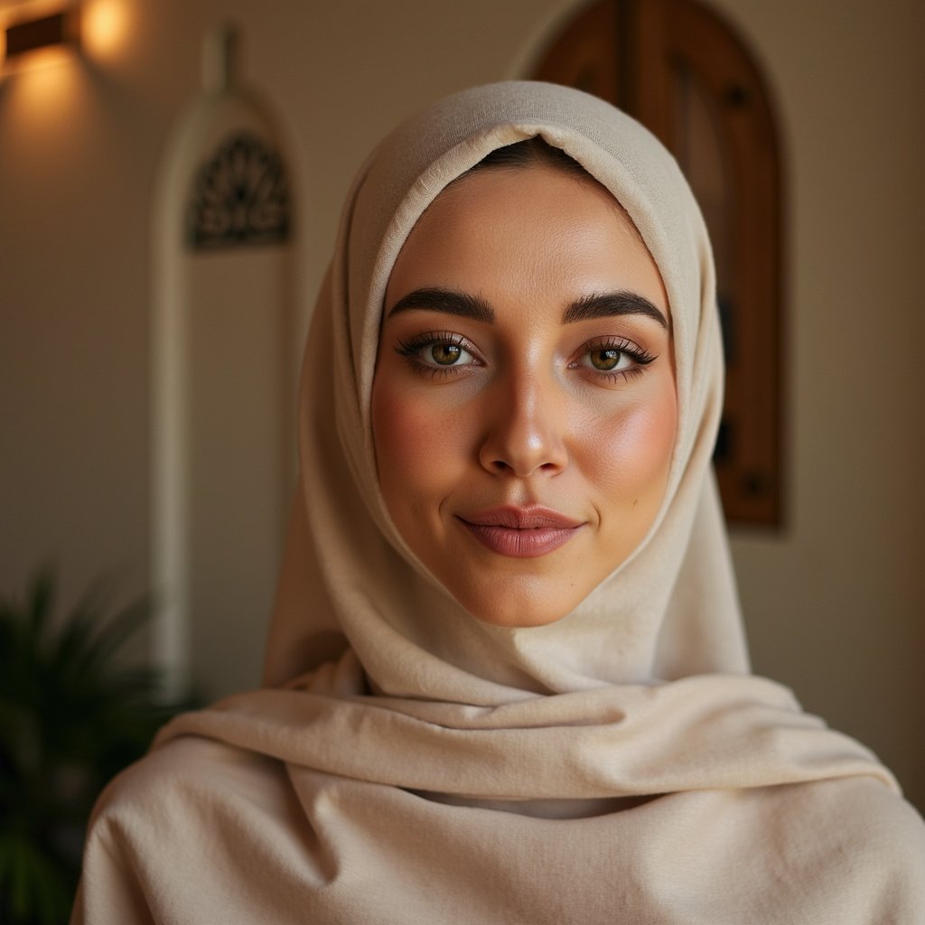 woman in a modest, graceful look, with her hair respectfully covered in a soft draped fabric. She is photographed in a warm, serene setting with soft lighting and gentle shadows that enhance her peaceful expression. The background features minimal Islamic design accents, softly blurred. Her appearance radiates quiet reverence and dignity. Hyper-detailed, soft tones, respectful styling, spiritual calm.