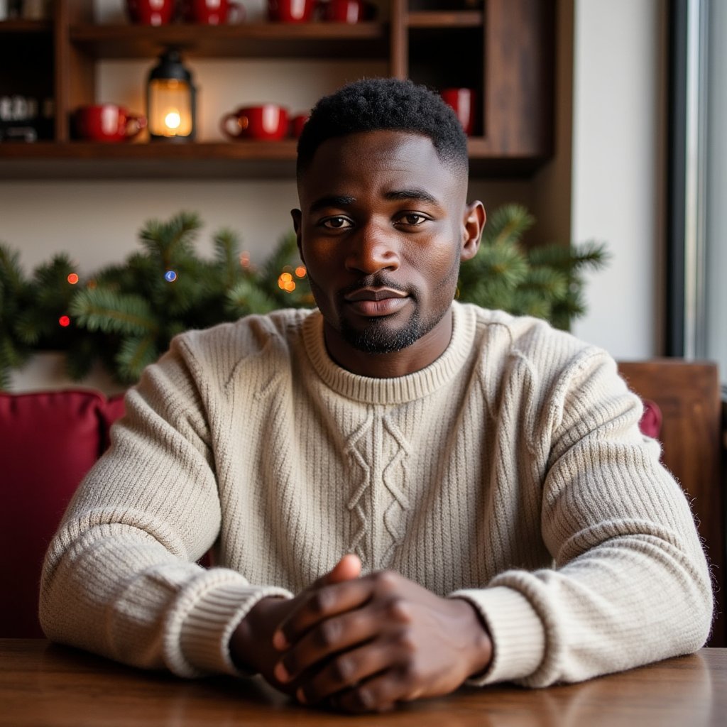 Waist-up portrait of a man seated in a cozy Christmas café booth, leaning slightly forward with elbows relaxed on the table, hands loosely clasped, still and composed. He wears a chunky oatmeal-colored cable-knit sweater with prominent detailed stitching.
Hair: brushed-back medium length, soft texture; light beard.
Lighting: warm overhead café glow with a soft diffused key from a nearby window, gentle shadow falloff for depth.
Background: blurred café shelves with red mugs, pine garland, and a single glowing lantern — minimal clutter, organized bokeh.
Camera: 50mm f/1.6 at eye level; highly detailed, highly realistic, HDR, sweater fibers, beard grain, and warm wood tones crisp.