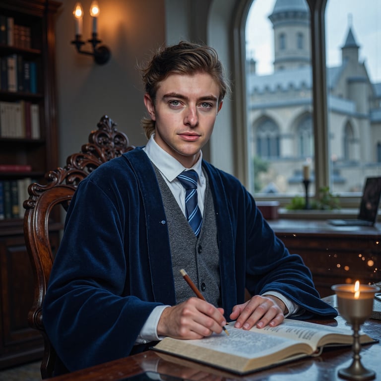 Ultra-detailed HDR seated portrait of a 17-year-old male Hogwarts student with l