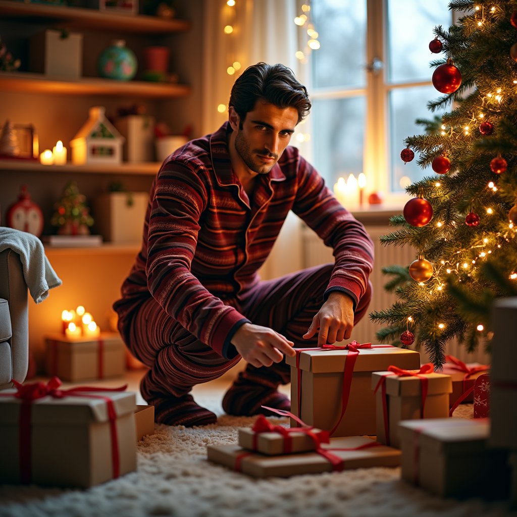 man in cozy Christmas-themed pajamas and slippers, surrounded by scattered wrapping paper, empty boxes, and Christmas tree ornaments, tidying up the living room with a warm and festive holiday atmosphere, soft natural light, and a hint of post-celebration exhaustion.