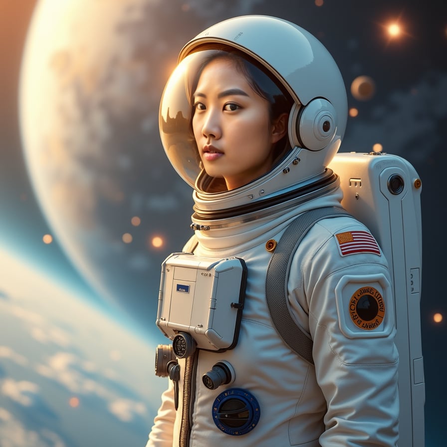 woman in a sleek white astronaut suit, wearing a helmet with a gold visor, smiling with a sense of wonder, surrounded by a halo of floating satellites, stars, and planets, against a breathtaking backdrop of the curved Earth, with a subtle glow of atmospheric light, and a hint of futuristic tech elements in the distance, conveying a sense of weightlessness and infinite possibilities.