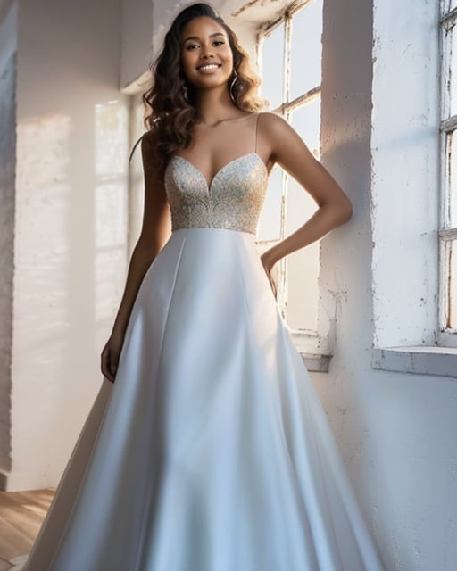 Stunning woman, multi-colored gown, plain wall, professional shot.