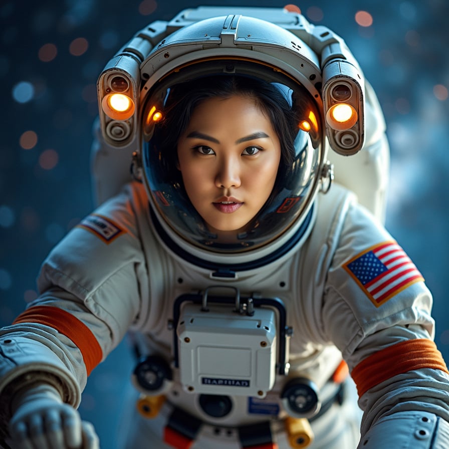 A woman astronaut floats in zero gravity, facing the camera with an intense gaze. Stars and galaxies fill the backdrop, giving a sense of depth and vastness. Her suit has illuminated details, and the visor is slightly lifted to reveal her face. There’s a look of wonder and strength as she hovers against the backdrop of the universe