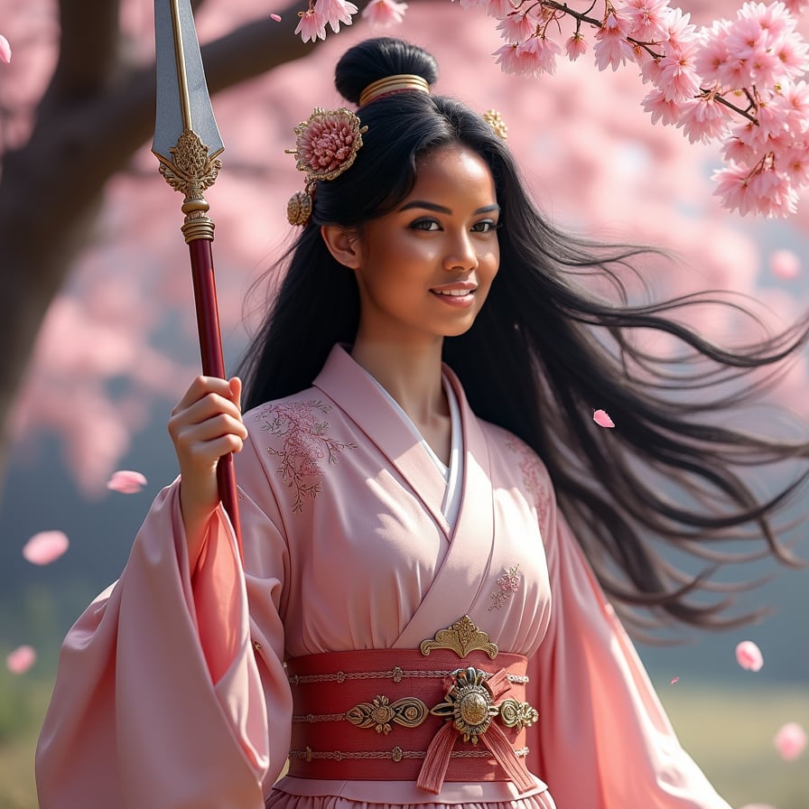 A warrior princess with long, flowing black hair stands beneath a massive cherry blossom tree, gripping a beautifully crafted spear. Her ornate armor gleams in the soft pink light, and the petals swirl around her like a storm.