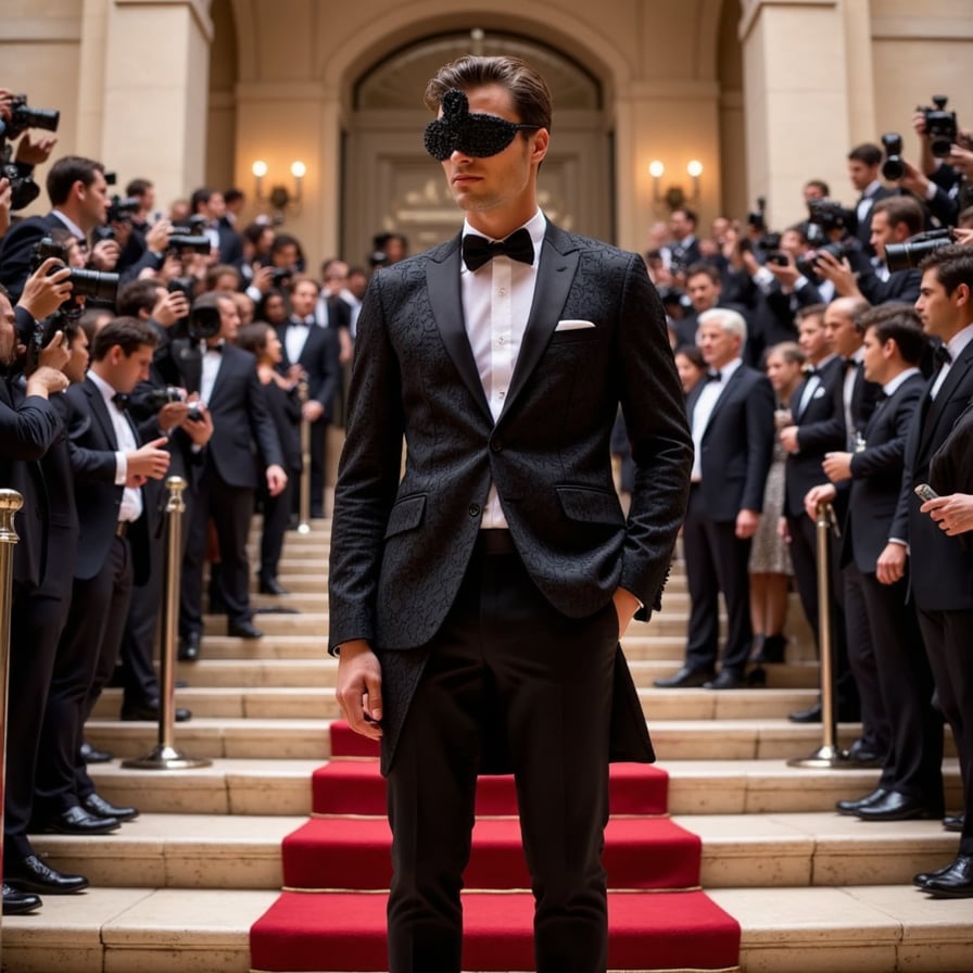 A dark romantic look for a man at the Met Gala: black lace blazer, cascading train, silver nail rings, and a gothic rose mask under flashing cameras