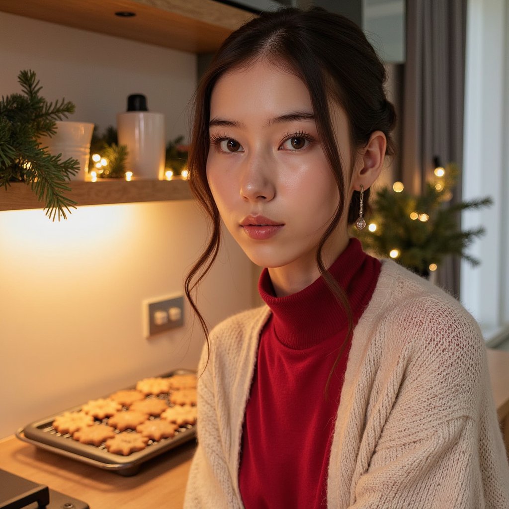 Head-and-shoulders portrait of a woman in a softly lit kitchen while Christmas cookies bake in the blurry background (no motion). She wears a cream knit cardigan over a red thermal top, cardigan showing soft wool fuzz and delicate ribbing.
Hair: half-up style with loose curls cascading down.
Makeup: soft golden shimmer on eyelids, warm blush, glossy nude lips.
Lighting: warm oven-light glow from behind adds a subtle halo while a soft diffused key from camera-left lights her face.
Background: blurred gingerbread cooling tray, pine sprigs, subtle fairy lights — minimal clutter, organized composition.
Camera: 50mm f/1.8; highly realistic, highly detailed, HDR, highlighting cardigan texture, hair shine, and warm kitchen tones.