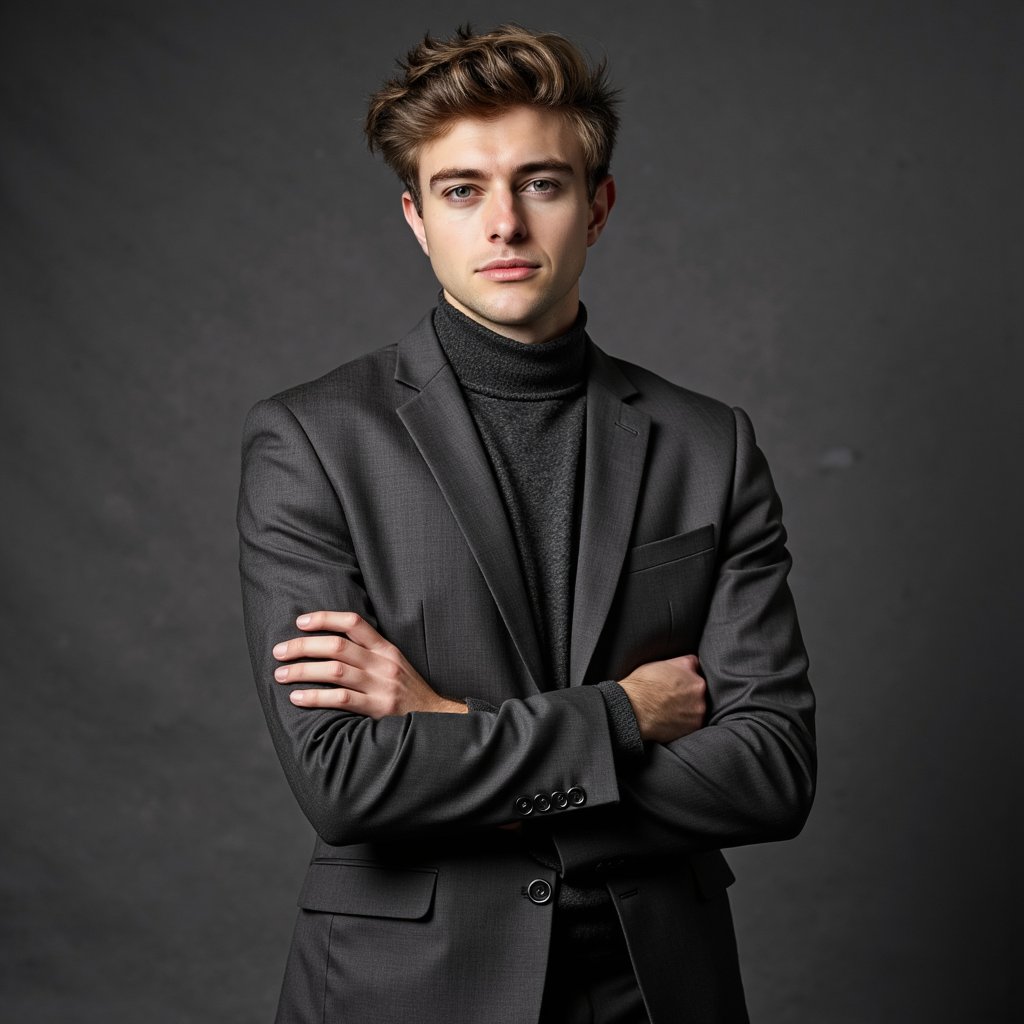 man wearing a charcoal gray turtleneck sweater, with his chin slightly raised, exhibiting elegant and deliberate posture. The studio's soft, directional lighting sculpts his features, casting subtle shadows that highlight the contours of his face. The backdrop is a seamless, deep slate grey, providing a minimalist and sophisticated frame for the portrait.