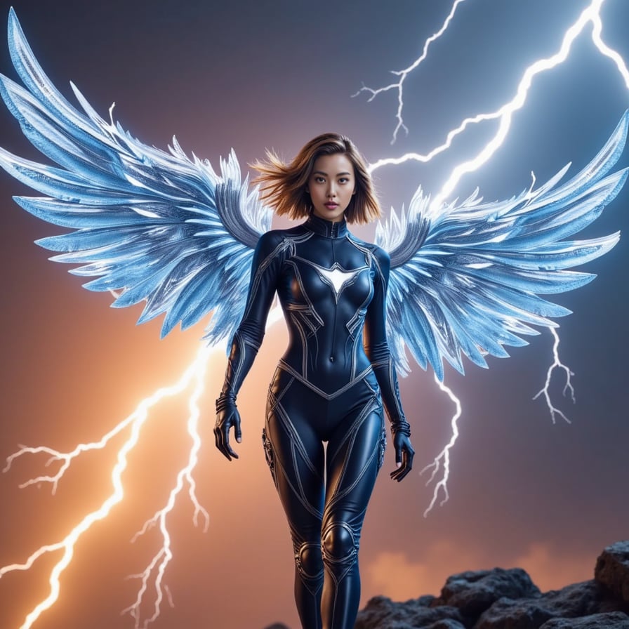 Bold female superhero descending from the sky with wings made of pure energy, futuristic tactical bodysuit with silver-blue highlights, lightning storm backdrop, heroic Marvel stance, cinematic 4K art