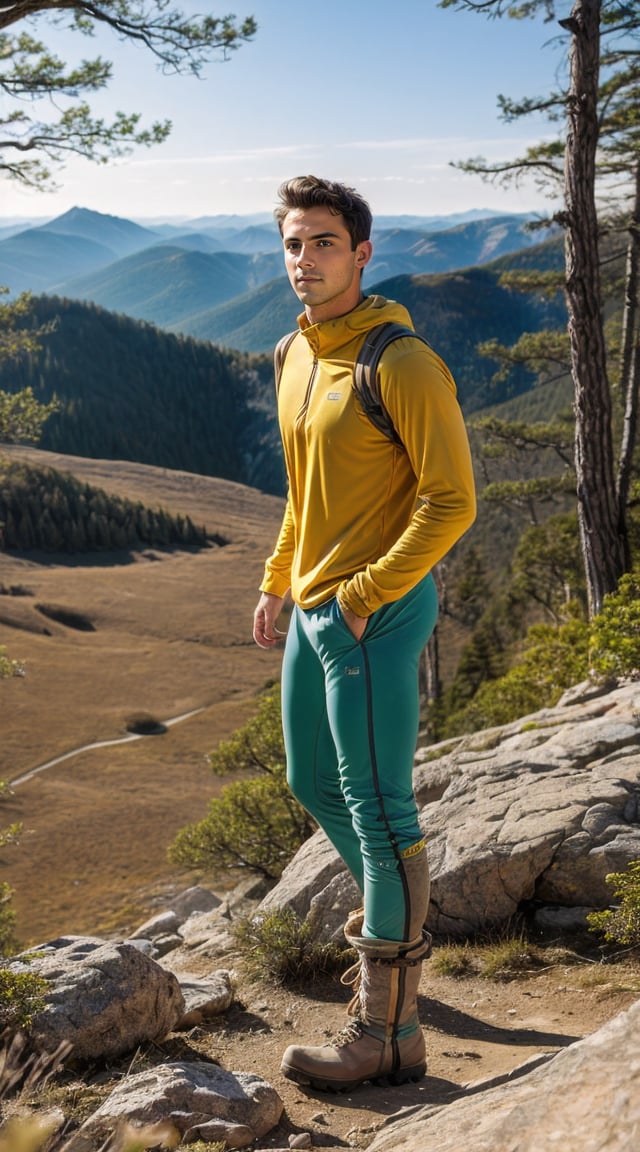 Adventurous man on mountain peak, breathtaking scenery, exploration spirit.