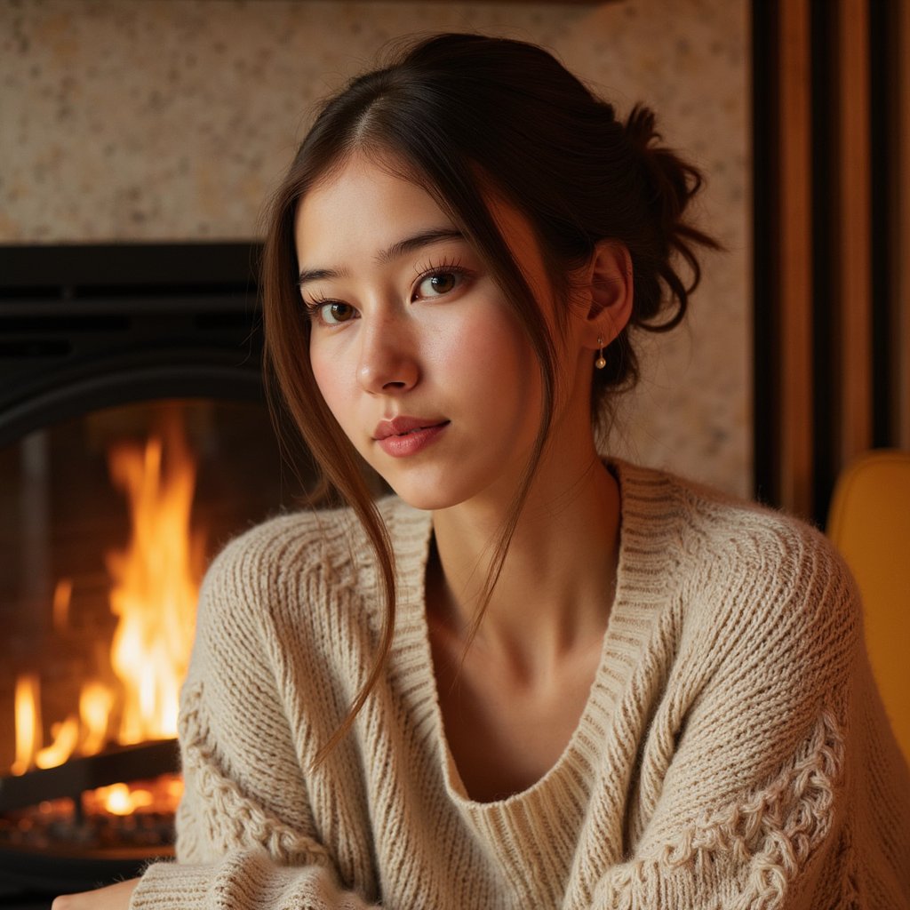 Hyperrealistic, highly detailed, HDR close-up portrait of a woman (female, ~39 yrs) near a softly glowing fireplace. Camera eye-level, focus on face and shoulders. She wears a thick cable-knit sweater in muted cream tones; individual fibers clearly defined. Hair loosely tied with gentle curls falling over one shoulder. Firelight from the lower right casts golden highlights on her cheek and nose bridge, blending into cool shadows behind. Background softly blurred — faint hint of flickering flame and wooden paneling. Her expression thoughtful, eyes reflecting ember glow. Natural warmth, Thanksgiving coziness, cinematic tone. HDR, high resolution, high quality, highly detailed, photorealistic.