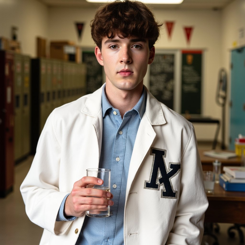 Close-up 1960s yearbook science club image, focusing on a male student’s upper torso and face, captured with a 90mm lens for shallow depth. He wears a crisp white lab coat over a light blue oxford shirt, top button undone. The cotton weave of the shirt is clearly visible beneath the smooth matte finish of the lab coat. His neatly combed dark hair has a side part, each strand individually defined in HDR clarity. Skin has realistic tone variation — faint under-eye shadows, a few freckles, and light reflection along the cheekbones from the lab lights. He holds a glass beaker in one hand at chest level, liquid catching highlights from above. Background shows faint outlines of chalkboard diagrams and blurred glassware, all softened with depth-of-field to emphasize his focused gaze.