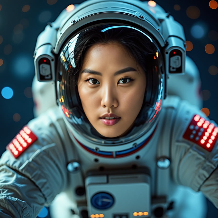 A woman astronaut floats in zero gravity, facing the camera with an intense gaze. Stars and galaxies fill the backdrop, giving a sense of depth and vastness. Her suit has illuminated details, and the visor is slightly lifted to reveal her face. There’s a look of wonder and strength as she hovers against the backdrop of the universe