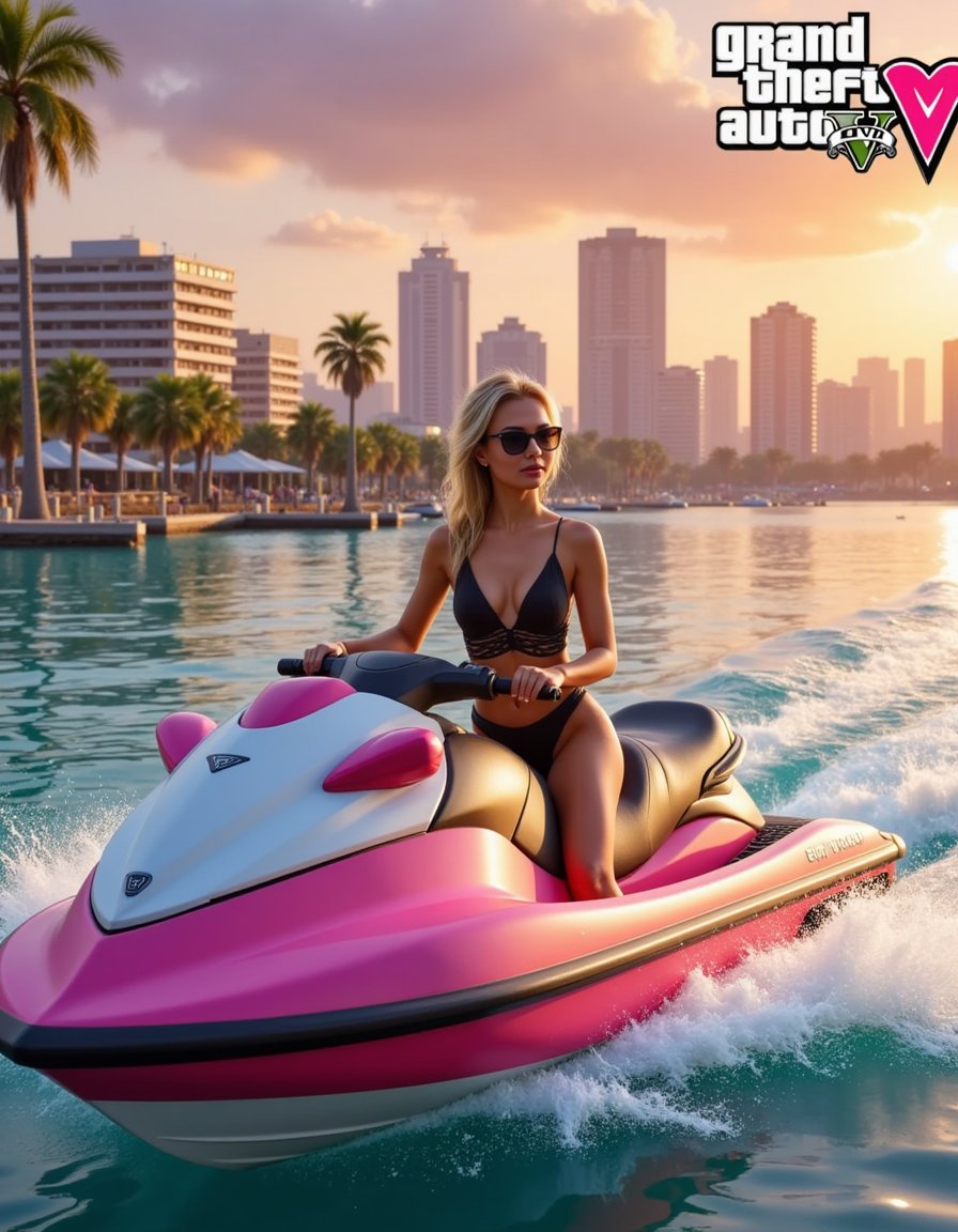 A serene GTA VI-inspired scene at sunset, with a character overlooking the Vice City skyline. The sky blends golden yellow into soft pink and lavender hues, casting long shadows across pastel-colored buildings and palm trees. The environment glows with nostalgic warmth, capturing that signature Rockstar golden-hour magic.
