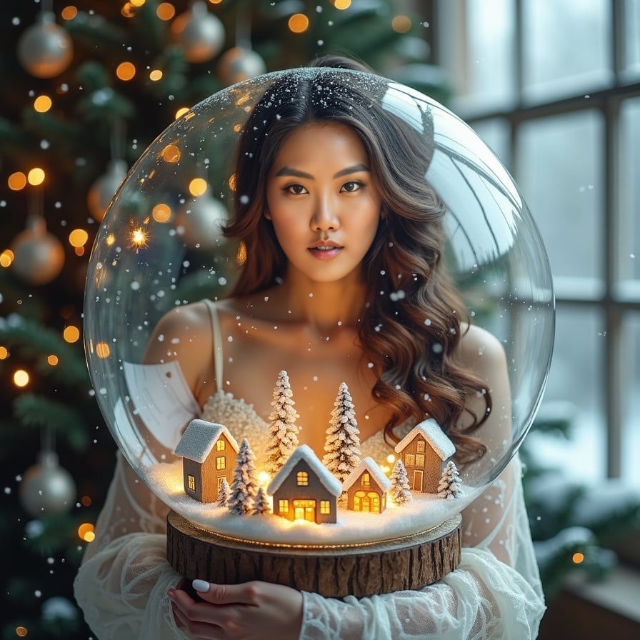 A woman trapped inside a magical snow globe, wearing a delicate, shimmering white dress dusted with silver snowflakes. She holds a tiny, elegant gift card in her hand, glowing with a soft, golden light as she stands in a miniature winter wonderland. The card floats among the tiny toy houses, casting a warm glow as the snowflakes drift through the air.