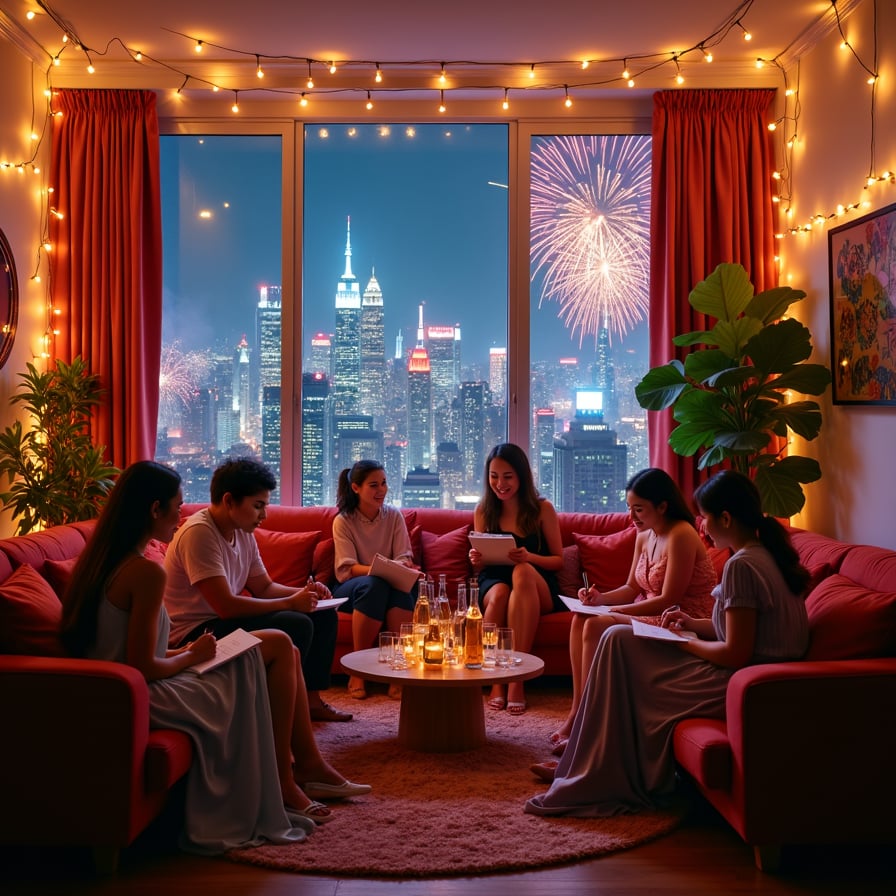 A vibrant living room adorned with sparkling fairy lights, festive decorations, and a glowing clock nearing midnight. Friends and family dressed in glamorous outfits, writing resolutions on colorful cards, with a festive drink station in the background