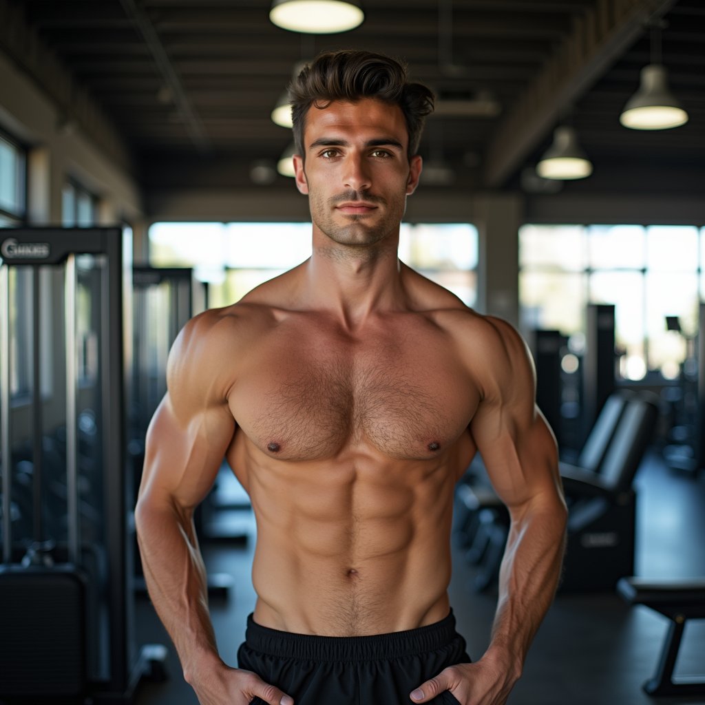 Muscular man, gym setting, confident pose, athletic, natural lighting.