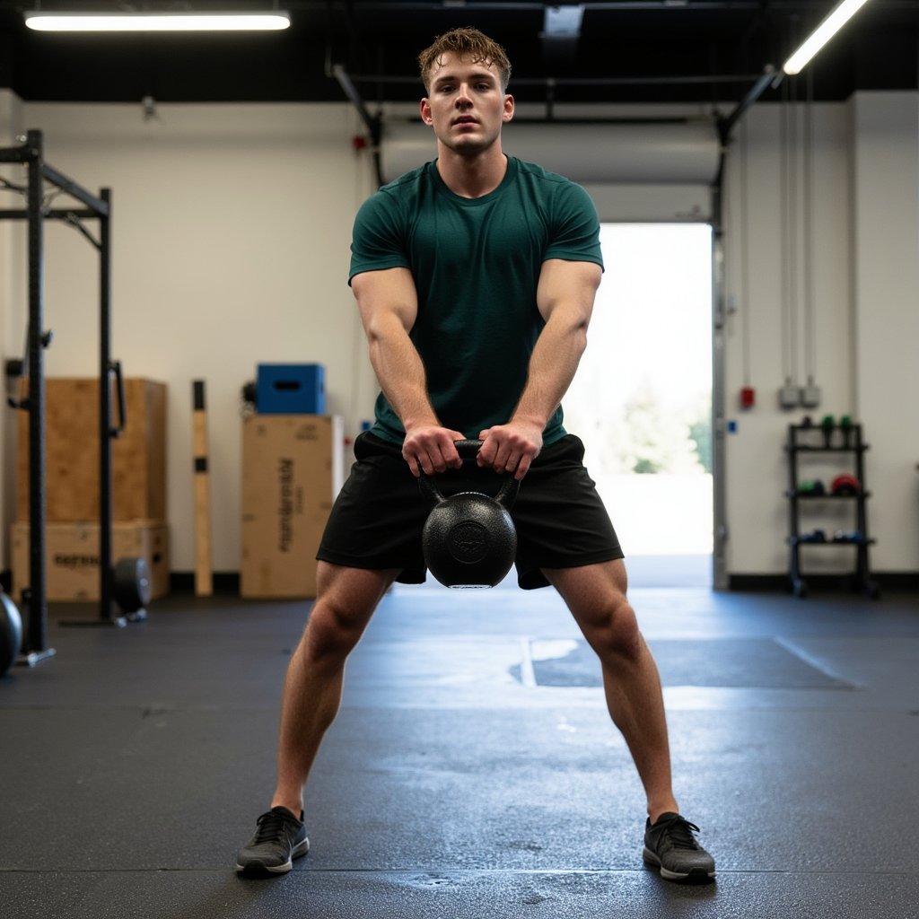 Man executing a two-hand Russian kettlebell swing at chest height in a minimalist functional gym; close-cropped hair, focused eyes; wearing a forest-green quick-dry tee (fine pique texture), black 7” training shorts, flat lifting shoes; both hands centered on handle with firm neutral grip (no intertwined fingers), chalk dust drifting; mid-distance frontal shot, 70mm, f/2.8, 1/1600, ISO 640 to freeze kettlebell and chalk; overhead strip LEDs as key with cool rim from open doorway, soft shadows on rubber flooring; background: plyo box and rack softly blurred, minimal clutter; sharp detail on cast-iron patina, fabric grain, forearm hair, and sweat sheen; highly detailed, highly realistic, HDR.