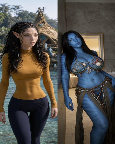 Recreate the uploaded image as faithfully as possible as one clean, high-resolution 4:5 side-by-side photograph.
Preserve the exact 50/50 composition, faces, facial features, expressions, hairstyles, body shapes, proportions, poses, outfits, skin colours, backgrounds and framing shown in the reference.
LEFT: Preserve the same woman with fair skin, pointed ears, long braided black hair, mustard fitted turtleneck, navy fitted pants and tropical waterside background.
RIGHT: Preserve the same recognizable human face, long straight black hair, vivid blue skin with subtle stripes, original fuller figure, shell-and-cord Na’vi top, matching beaded waist garment, leaning pose and marble bathroom background.
Do not swap, redesign, beautify, slim, enlarge, cover, recolour or reinterpret either woman. Do not change clothing coverage or body proportions. Only improve photorealism, sharpness, natural skin texture, fabric details and lighting quality.
Output exactly one seamless side-by-side image with no text, border, black space, interface or watermark.