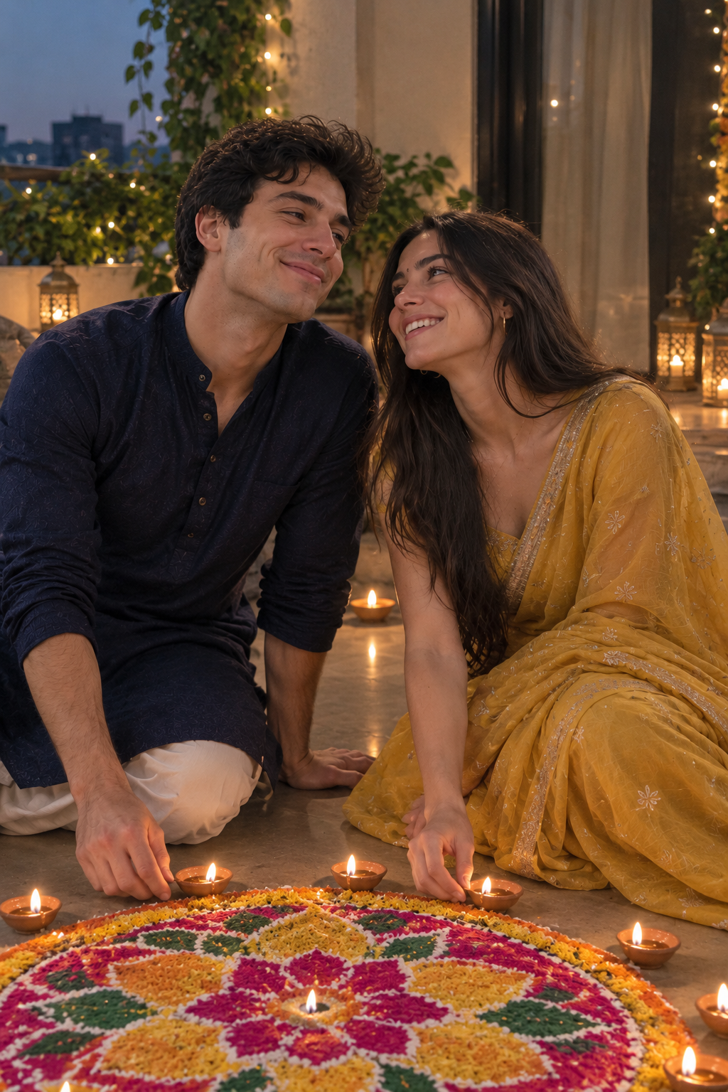 AI Diwali couple photo kneeling beside a rangoli and laughing