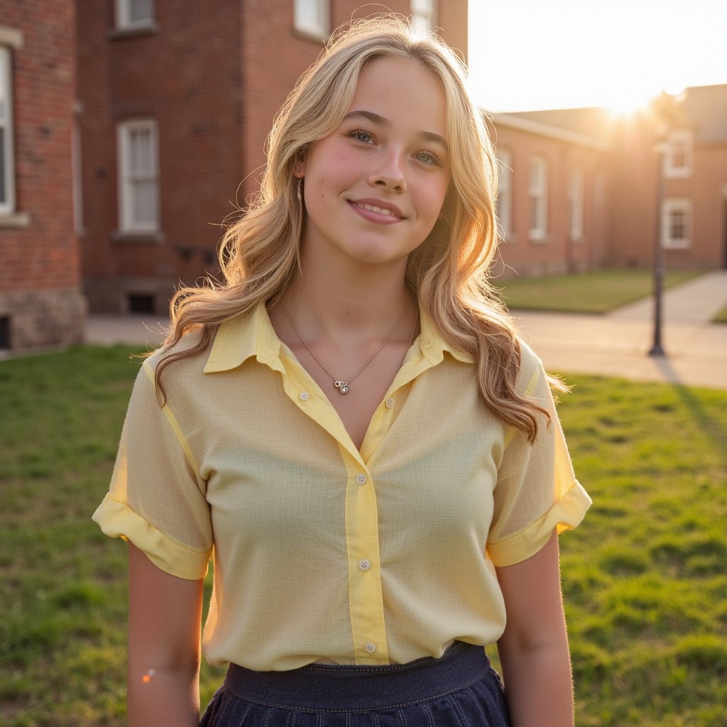 Candid yearbook-style image of a 1960s teen girl outside during golden hour. Subject in focus wears a pastel yellow button-down blouse made of lightweight cotton, the fabric wrinkled slightly at the elbows and catching soft sunlight through the sleeve. A-line skirt with subtle pleats in navy wool blend, lightly textured with visible seam lines. Her brunette hair is pinned into a half-up, half-down style, curled at the ends and loosely framing her freckled cheeks. Laugh lines around her mouth and squinted eyes are visible, adding lifelike expression. A strand of hair escapes and glows in the light. Skin shows realistic shadow from the nose, with sun-kissed highlights across the forehead and tip of the nose. Background is out-of-focus grass and brick school building, rendered with creamy bokeh. Shot with a 50mm lens at f/2.2, natural lens flare on the left edge, balanced composition.
