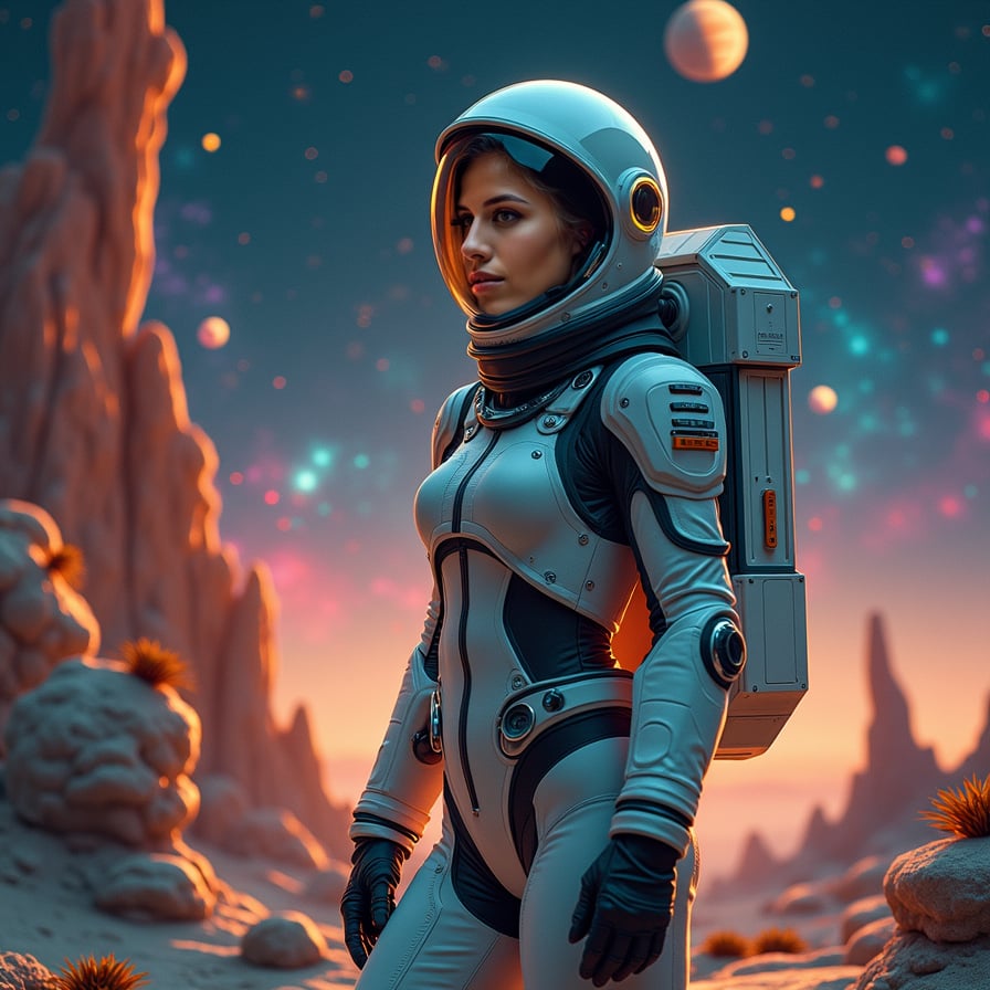 A woman stands in an alien landscape, facing the camera with a serene yet determined expression. She wears a sleek, advanced space suit, and behind her, exotic alien plants and glowing rocks dot the ground. The sky above is filled with planets, colorful nebulae, and distant stars, adding a mystical touch