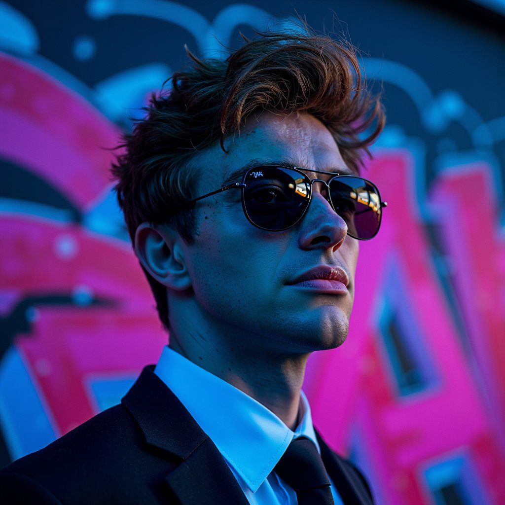 man wearing sleek, reflective black aviator sunglasses, bathed in dynamic blue and pink side-lighting, showcasing subtle wet highlights on his skin and the sharp detail of his facial pores. He stands in a tight headshot against a softly blurred neon graffiti wall.