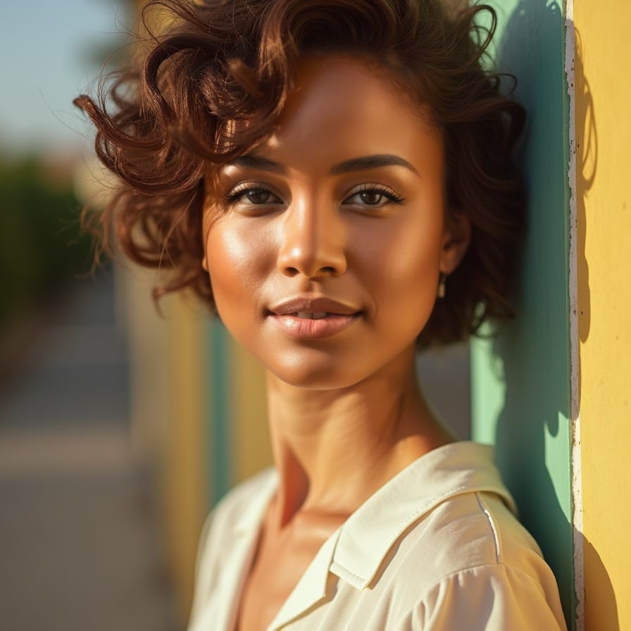 Retro-inspired character, 1920s suit, warm film grain effect, and old-town street.