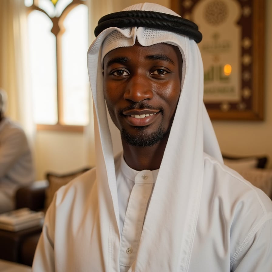 Portrait of a serene man in traditional thobe and kufi, soft warm lighting, gentle smile, peaceful expression — celebrating Mawlid with dignity