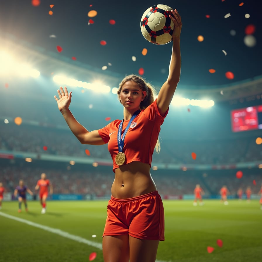 woman in a triumphant pose, proudly holding up the soccer ball with a huge smile on her face, wearing a gleaming championship medal around her neck, dressed in a sleek, high-tech soccer jersey and shorts, radiant with confidence and joy, spotlight shining down on her, confetti and balloons surrounding her, dramatic stadium lights in the background, intense excitement and sense of achievement.