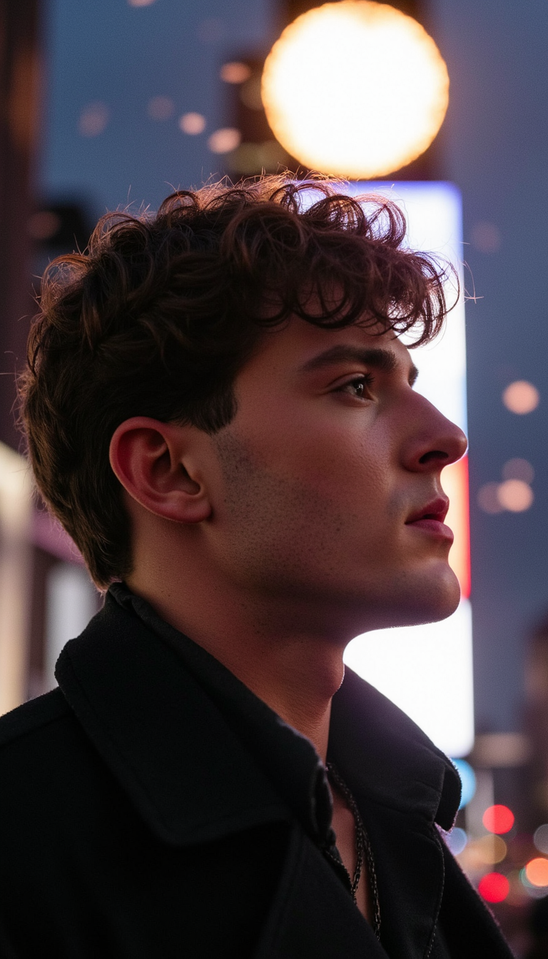 A hyper-realistic New Year image of a man watching the Times Square ball drop, g