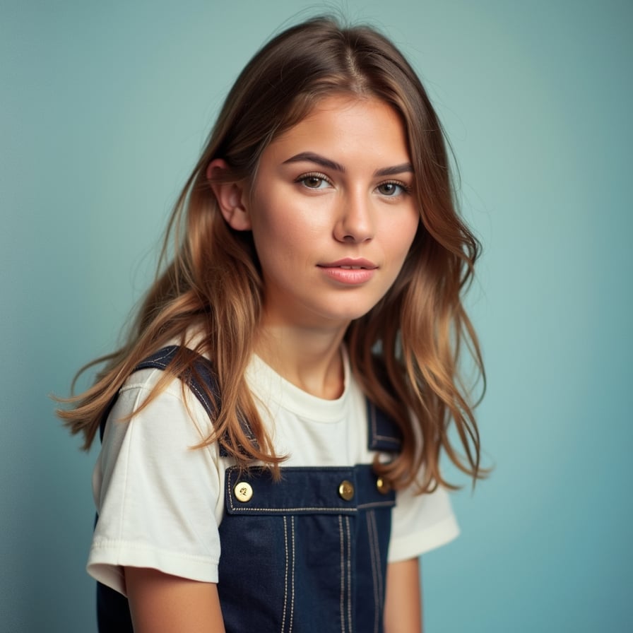 School dress, blue background, 1990s style, warm lighting.