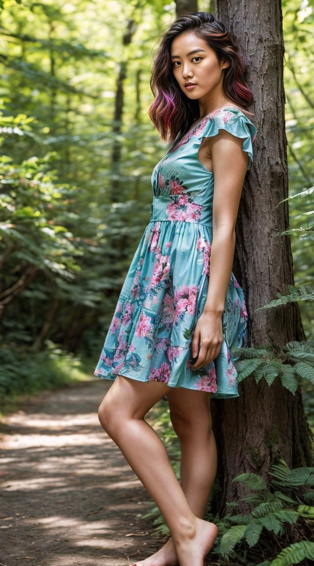 Energetic tropical adventurer, rainforest backdrop, lush greenery, and waterfalls.