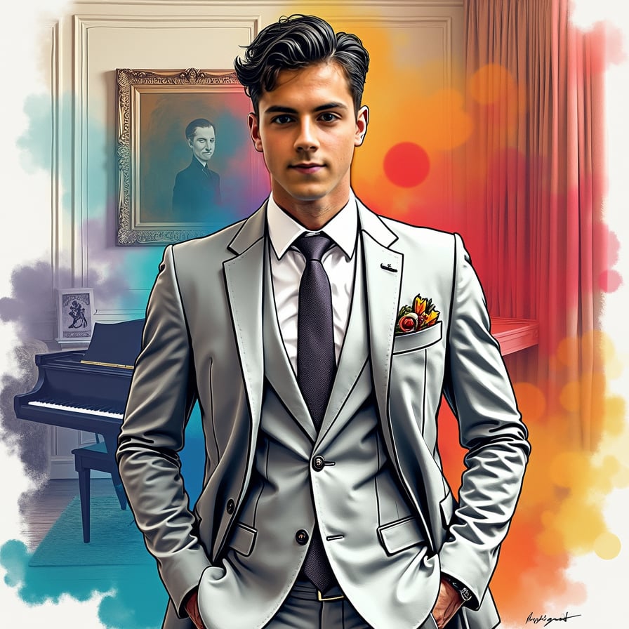 man wearing luxurious suit, surrounded by wealth and opulence, standing in a lavish living room with a grand piano and expensive artwork.