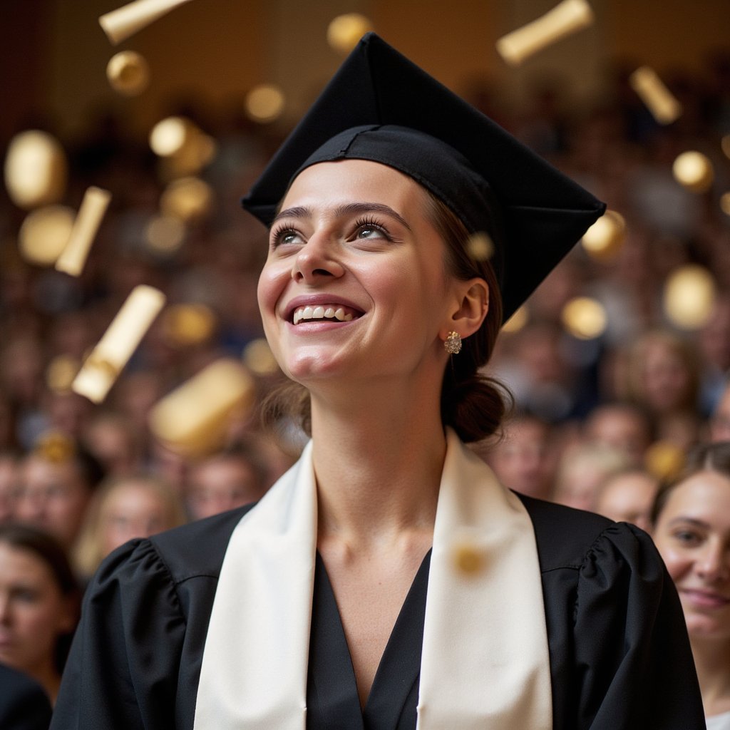 Tight headshot of a woman graduate looking slightly up toward drifting gold confetti, expression joyful but poised (no movement captured mid-gesture); wearing a matte black gown, white satin stole, mortarboard flat; hair in a polished low twist, smooth edges; camera at eye level, 135 mm lens, f/2.2; lighting: large diffused key light from front-left with a faint hair rim light; background: softly blurred warm backdrop with bokeh reflections from scattered confetti lights; every confetti piece slightly defocused except the few near her shoulders; textures crisp on fabric fibers, tassel threads, and skin pores; colors rich yet balanced, highly detailed, highly realistic, HDR.