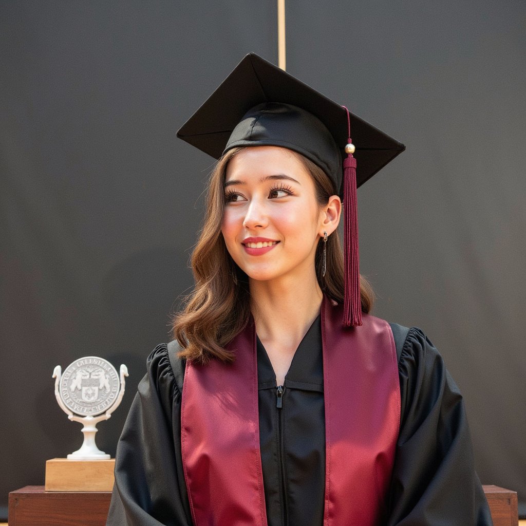 Portrait of a woman graduate, tight head-and-shoulders framing, wearing a matte black graduation gown with a burgundy satin stole and a fitted mortarboard (tassel draped on the right, silk threads visible); soft waves hairstyle tucked behind one ear, subtle natural makeup with defined lashes and soft rose lip; gentle confident smile, eyes bright; camera straight-on at eye level with a slight 3/4 shoulder turn; 85mm lens, f/2, ISO 100, 1/200s; clamshell lighting (large softbox above-camera + silver reflector below) for even skin, delicate catchlights; seamless dark gray backdrop with a faint, out-of-focus university seal pedestal off to one side; textures visible in the gown’s matte crepe folds and the stole’s satin sheen; minimal clutter, shallow depth of field, clean bokeh, ultra-sharp eyes, highly detailed, highly realistic, HDR.