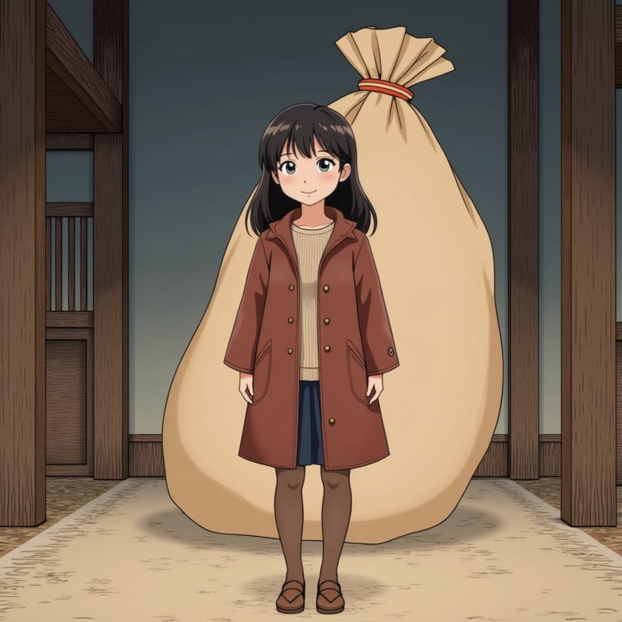 woman in the iconic scene from spirited away, standing in front of a bag silent spirit