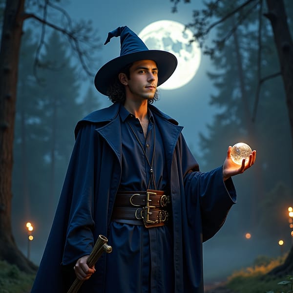 man in stylish navy blue outfit, moon shining brightly in the dark night sky behind him, posing confidently with a sense of adventure and mystery