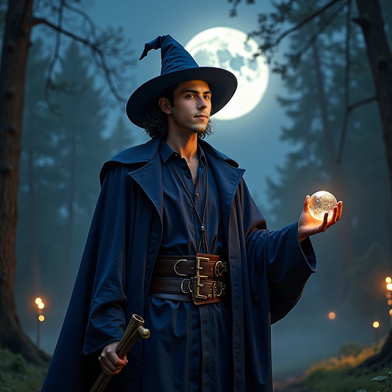 man in stylish navy blue outfit, moon shining brightly in the dark night sky beh