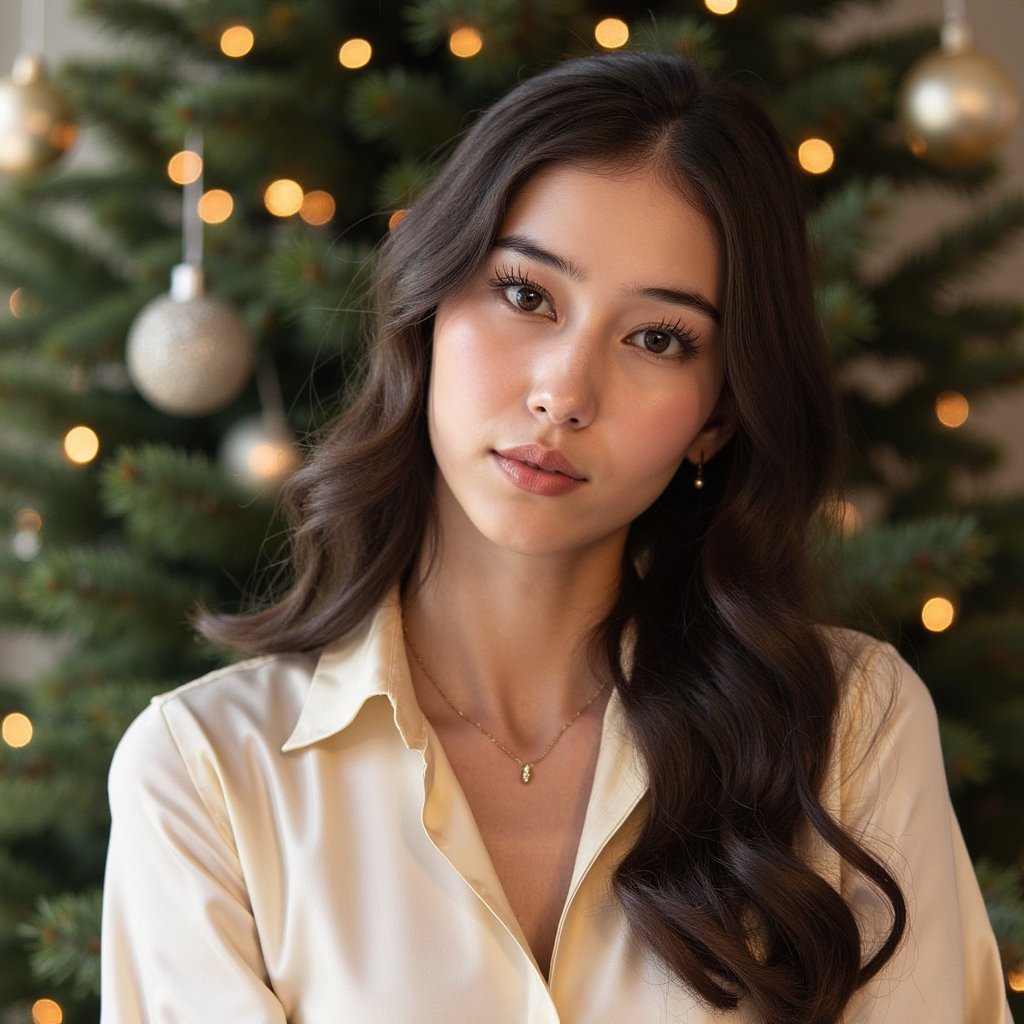 Head-and-shoulders portrait of a woman against a clean, elegant evergreen backdrop decorated with tiny warm fairy lights. She faces the camera calmly with a serene, Christmas-card expression. She wears a cream satin blouse with soft sheen and a gold pendant necklace.
Hair: voluminous soft curls parted to one side.
Makeup: holiday glam—soft shimmer eyeshadow, long curled lashes, warm pink lipstick.
Lighting: balanced beauty softbox from the front with a gentle hair-light from above to define curls.
Background: dark green pine branches with gentle glowing bokeh; minimal clutter, clean composition.
Camera: 85mm f/2.2; highly detailed, highly realistic, HDR, showing satin shine, hair texture, and precise bokeh.