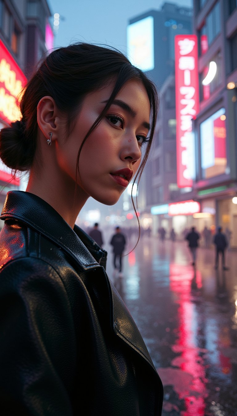 woman wearing a sleek, tailored black leather jacket, the material subtly gleaming as if kissed by morning dew, her hair meticulously swept back in a sophisticated style. Her eyes, accentuated by a faint shimmer of silver eyeshadow and exquisitely fanned lashes, softly mirror the blurred, ethereal glow of distant, warm-toned fairy lights and the sliver of a crescent moon. The elegant curve of her cheekbone is delicately illuminated by the diffused light of a serene, fog-cloaked garden path at the break of day, rendered in a close-up, artful 3:2 portrait with a dreamy, soft bokeh and high-definition clarity.